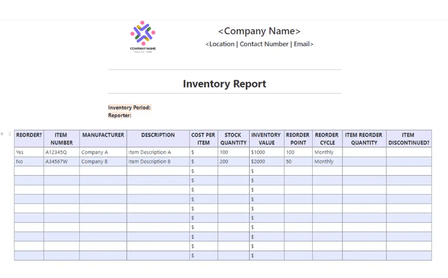 Keep track of your inventory levels and quickly identify shortages with the Inventory Report Template