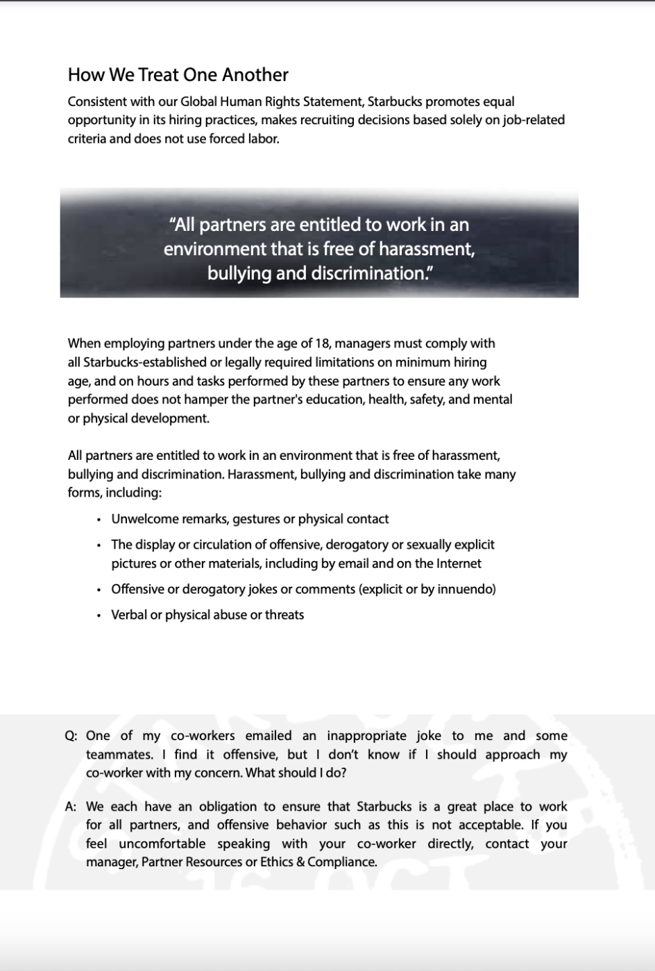 Starbucks code of conduct company policy example