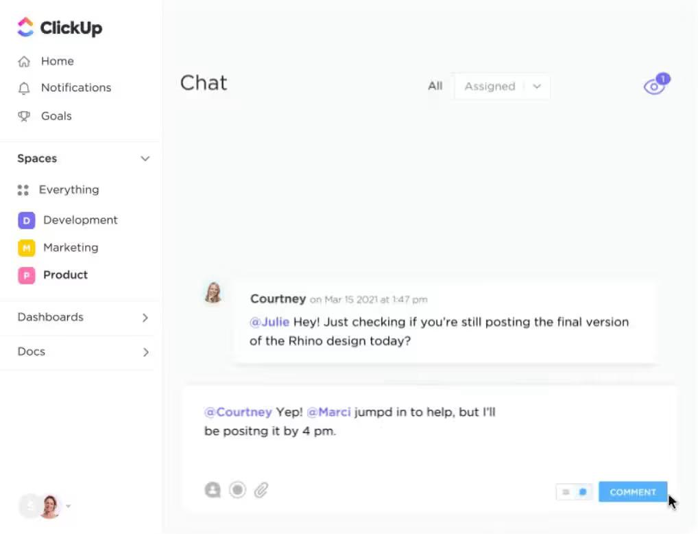 A screenshot of ClickUp's chat view, showing a conversation between team members with text messages, files, and @mentions