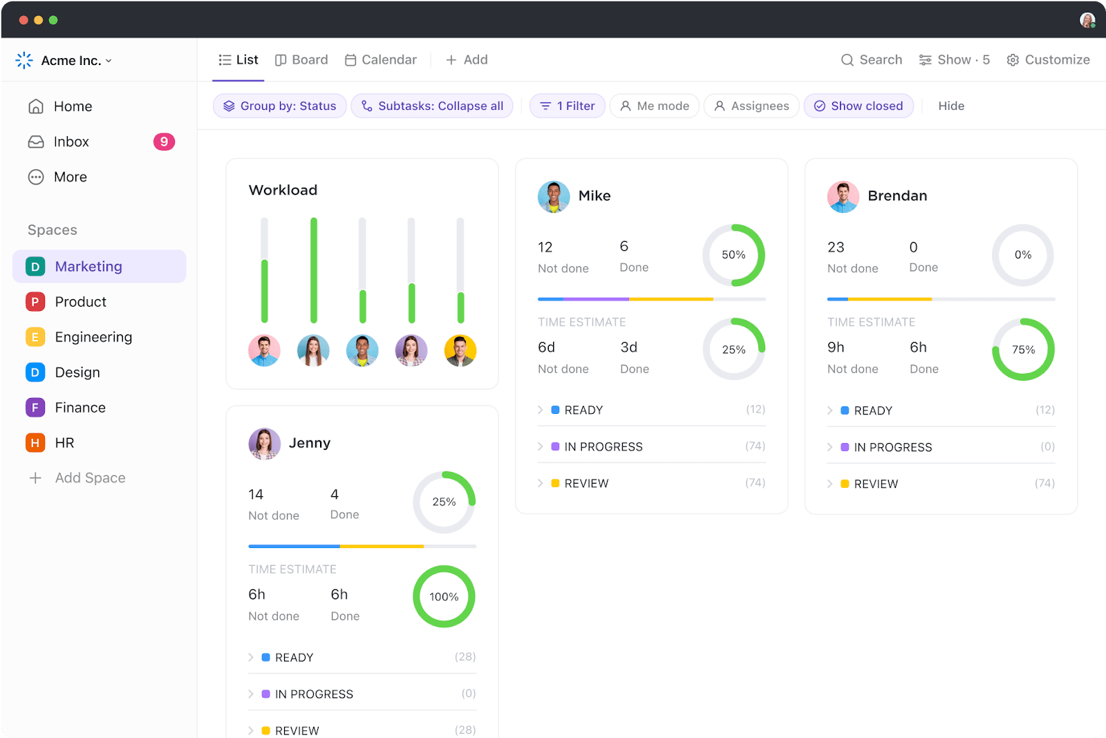 Team View in ClickUp to track team goals progress