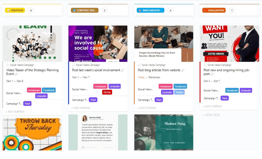 ClickUp's Social Media Campaign Template is designed to help you manage complex social media campaigns. 