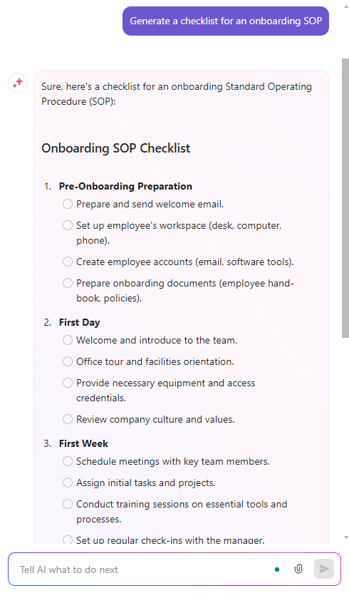 Use ClickUp Brain to generate a checklist for an onboarding SOP document