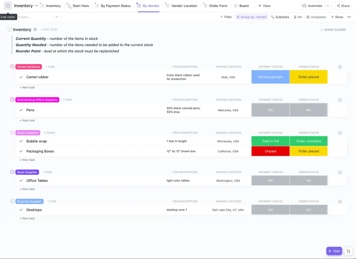 ClickUp’s Inventory Template