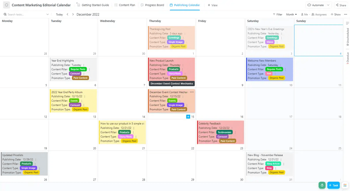 Track your content production on a single Calendar view with the ClickUp Content Marketing Editorial Calendar Template