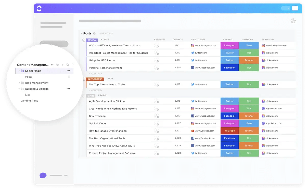 ClickUp's social media posts template simplifies content planning, organization, visualizing, prioritizing, and scheduling, enabling teams and influencers to stay ahead of trends and engage with their audience effectively.