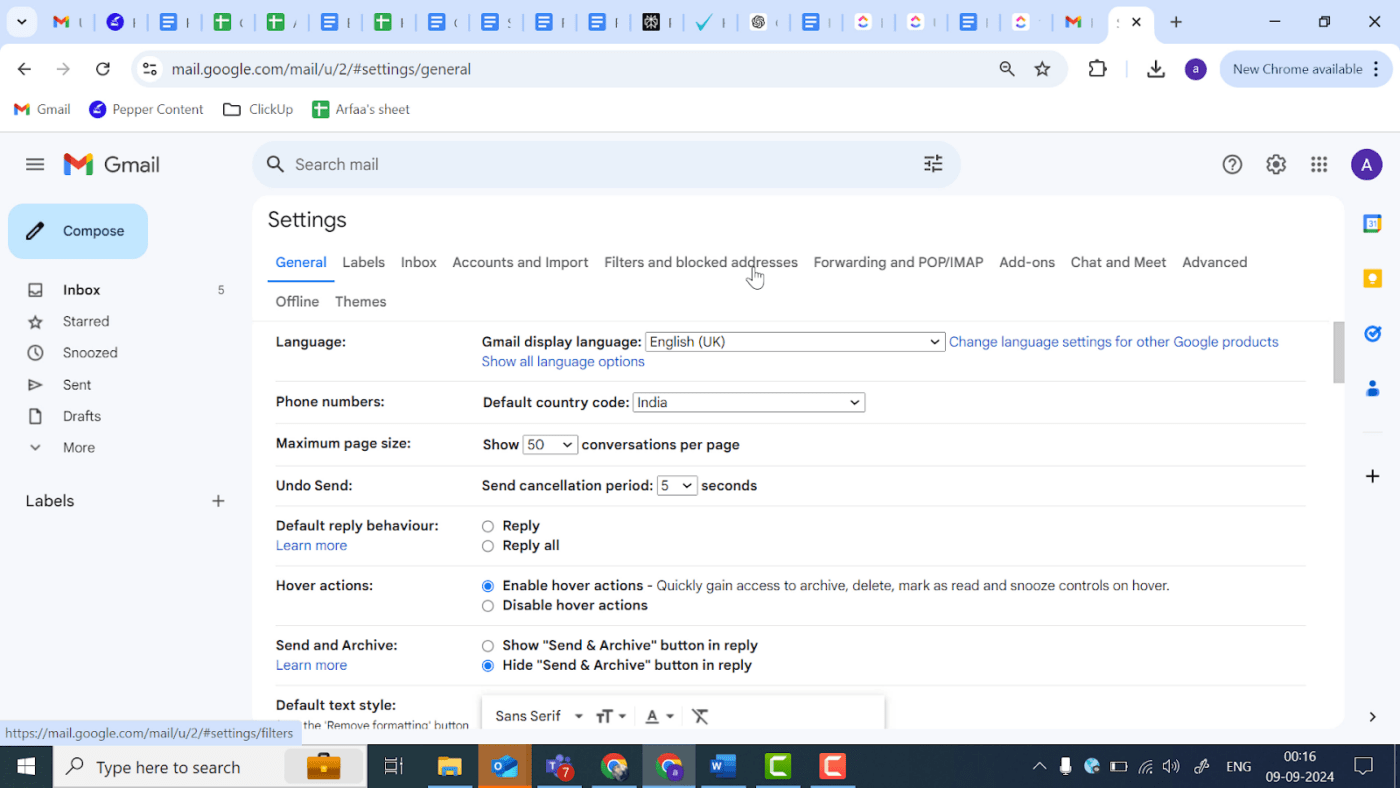 Filters and Blocked Addresses tab to create Gmail rules