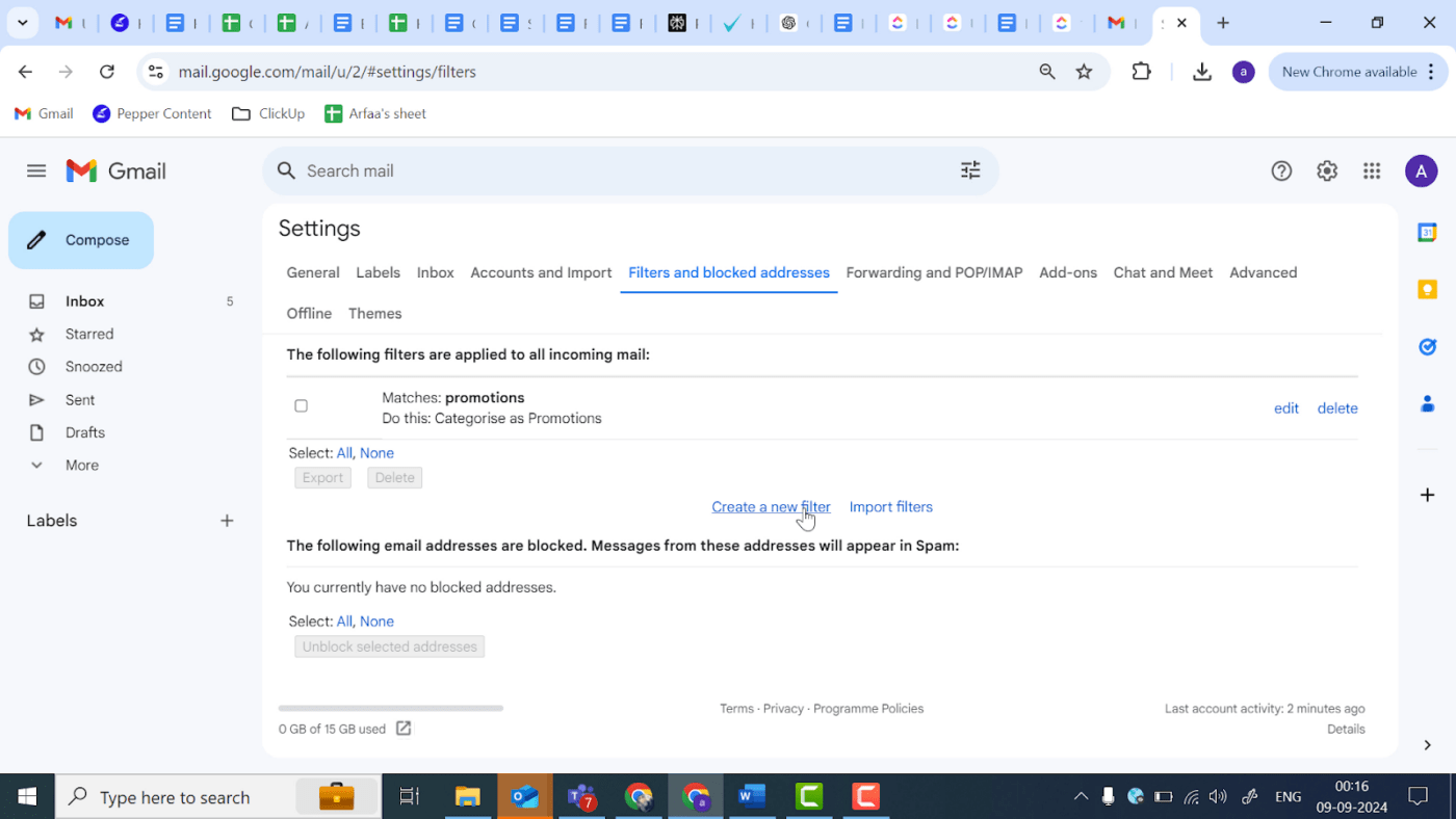 Create a New Filter in Gmail to create Gmail rules