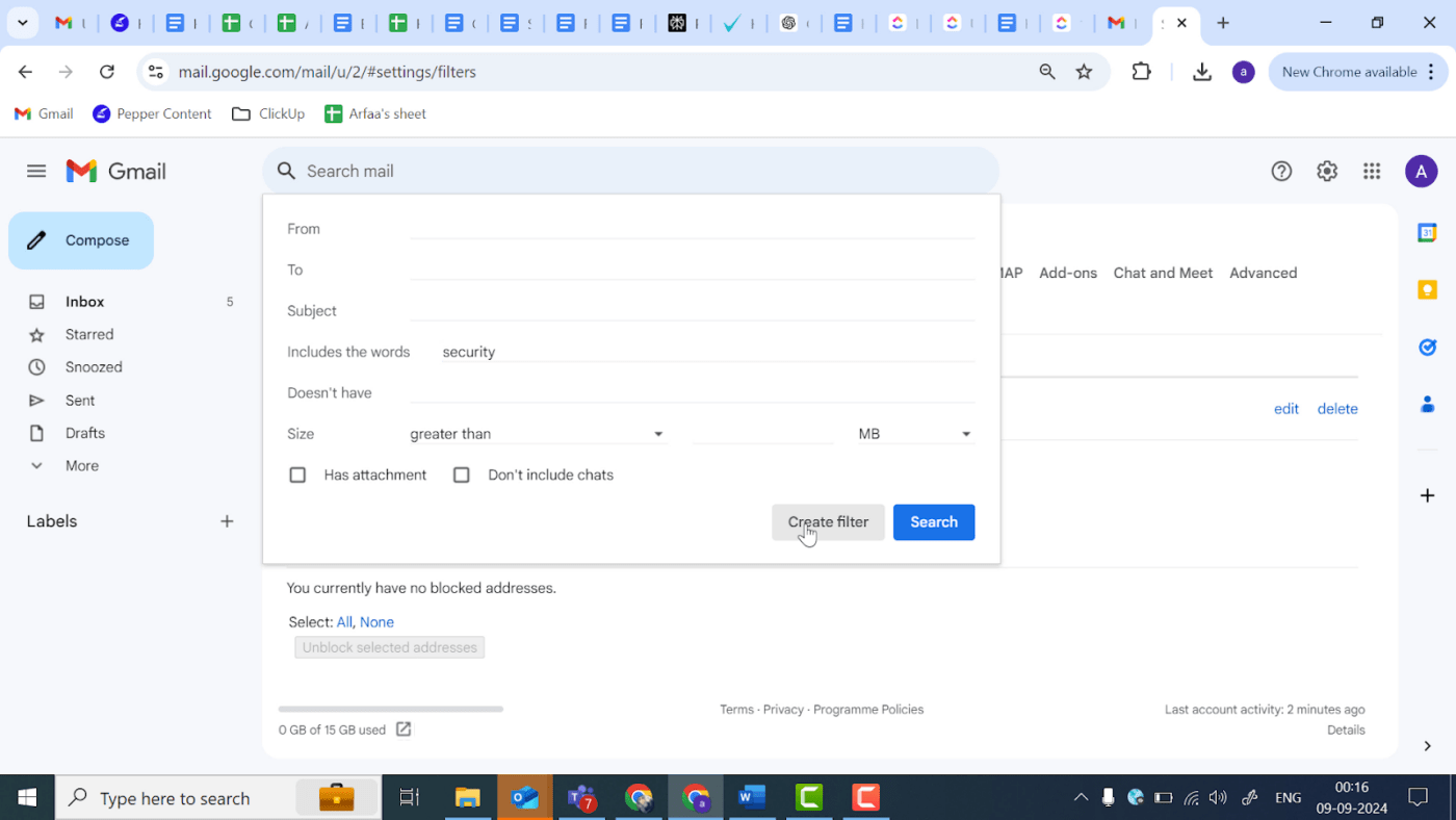 Create Filter button to create Gmail rules