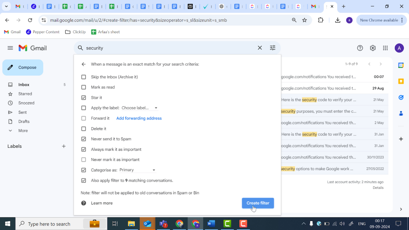 Create Filter Button to Create Gmail rules