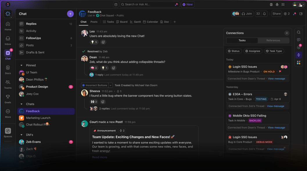Chat view stores all of your comments in ClickUp for better macromanagement