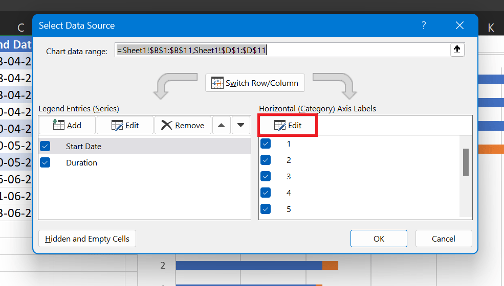 Click Edit to open the Axis Label window