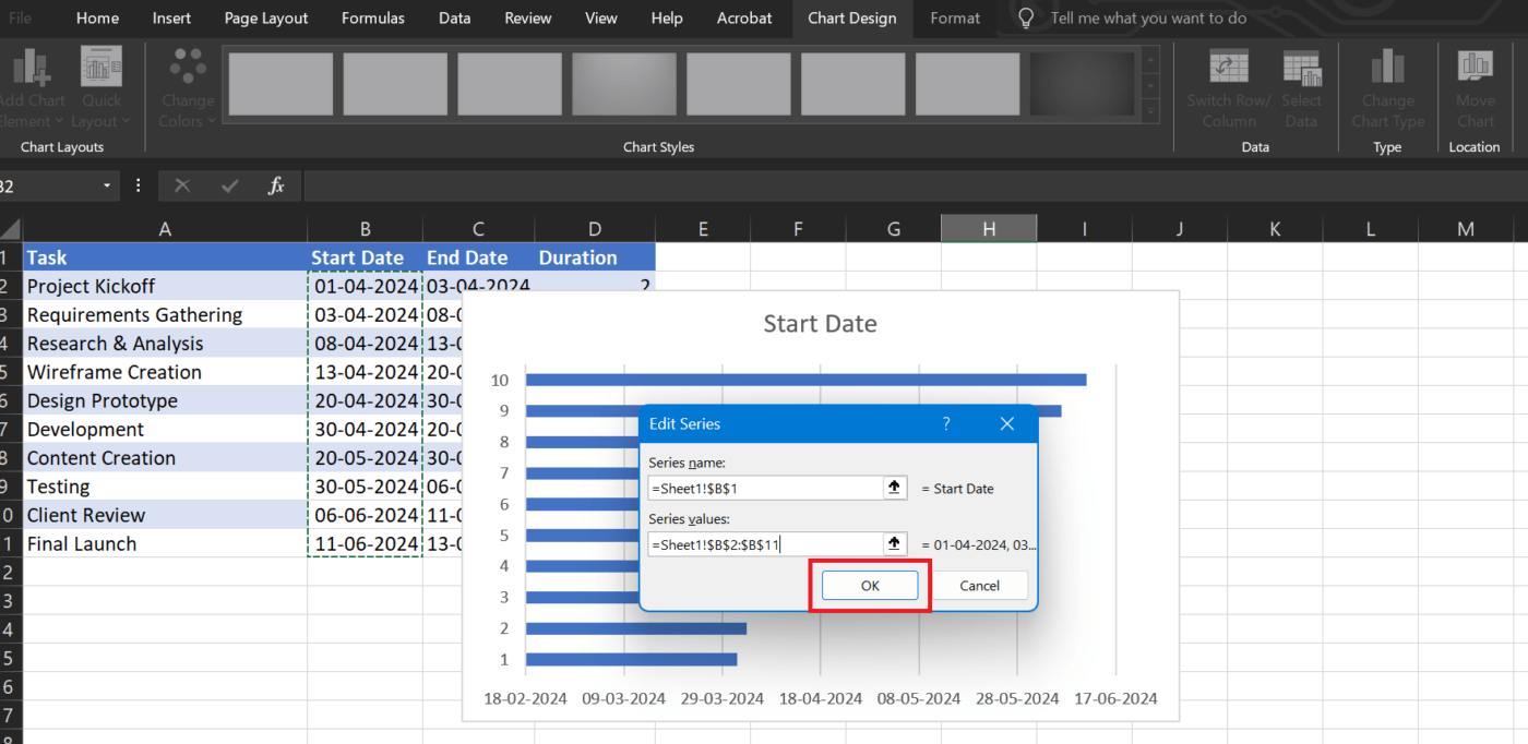 Click OK  to display the Gantt Chart