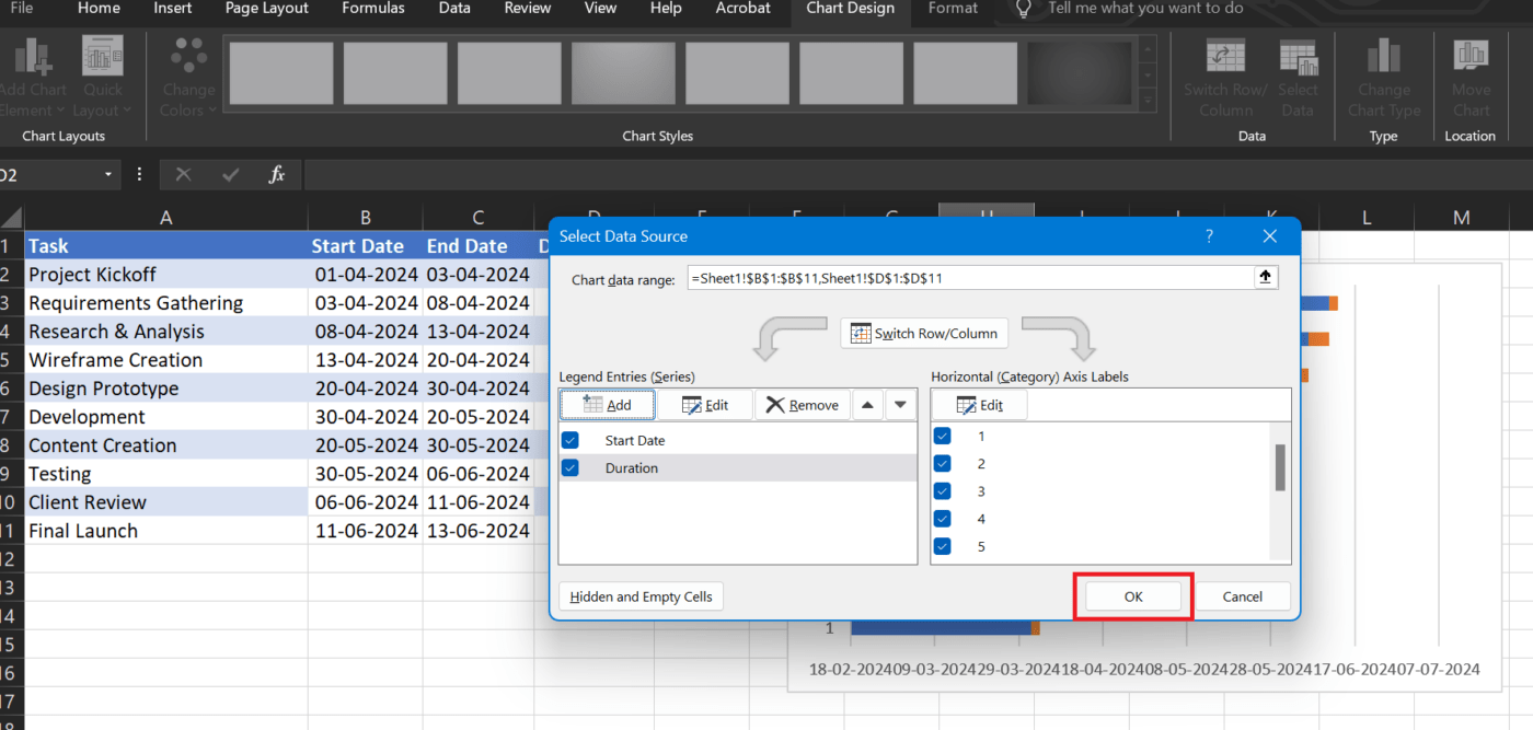 Click OK to update your Gantt chart