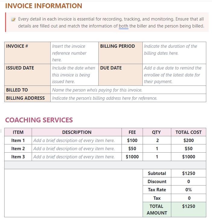 Coaching Invoice