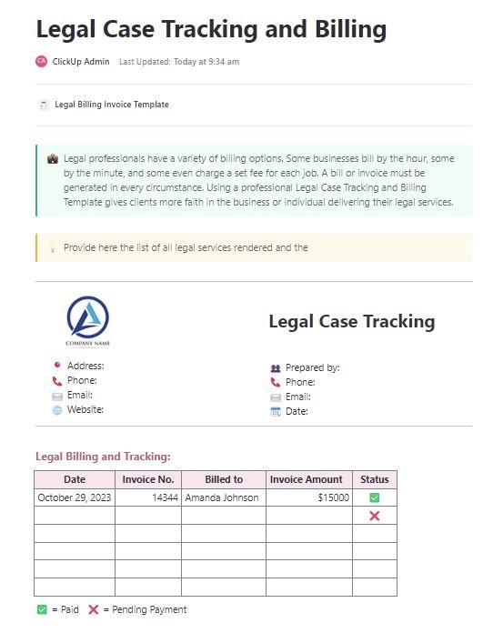 Legal Case Tracking and Billing