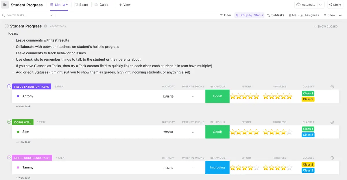 Monitor student progress and identify areas for improvement with the ClickUp Student Progress Template