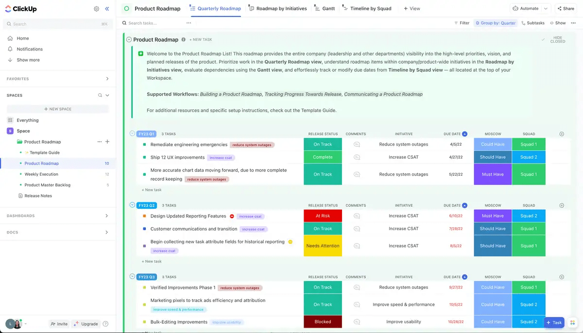 ClickUp’s Product Roadmap Template 
