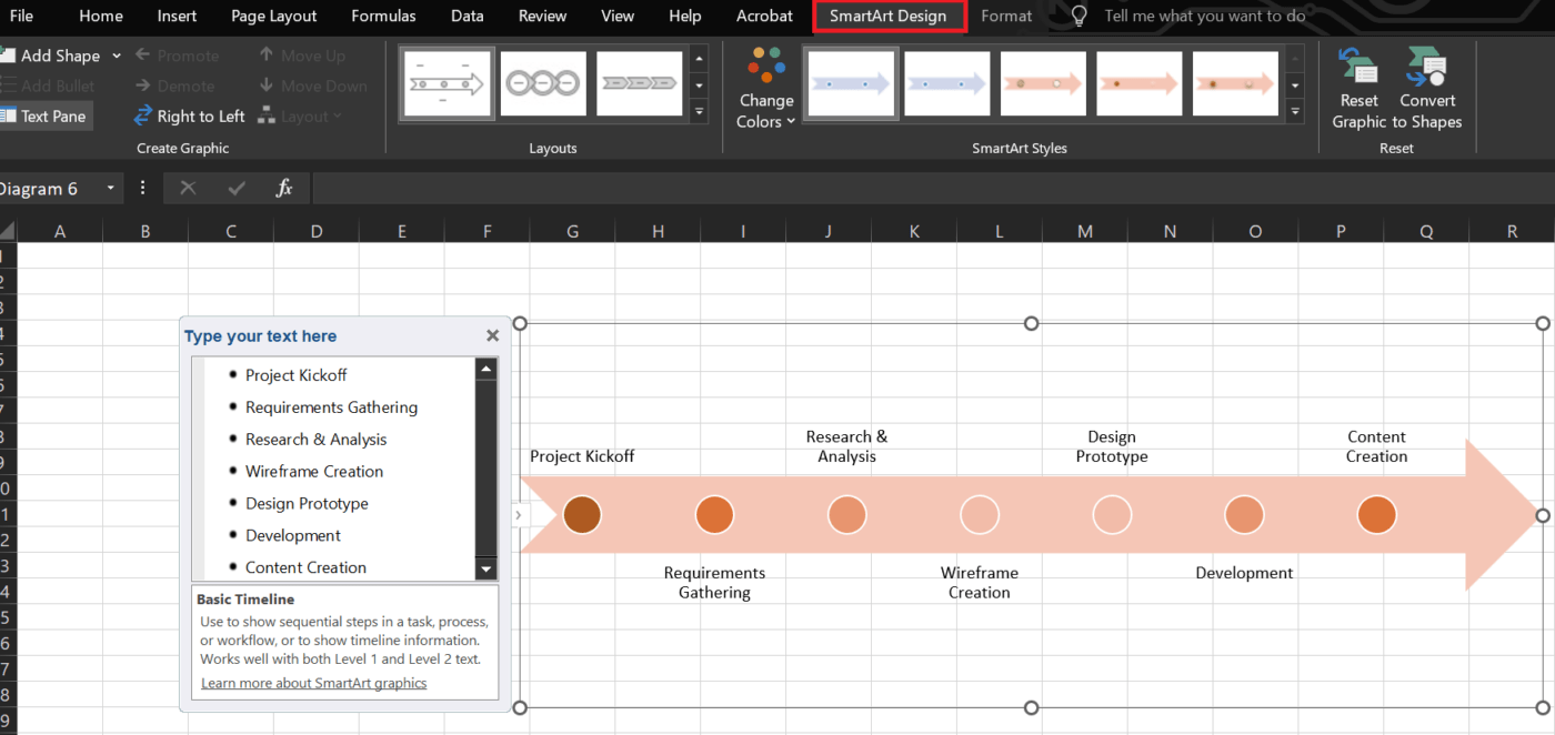 Customize the SmartArt timeline layout 