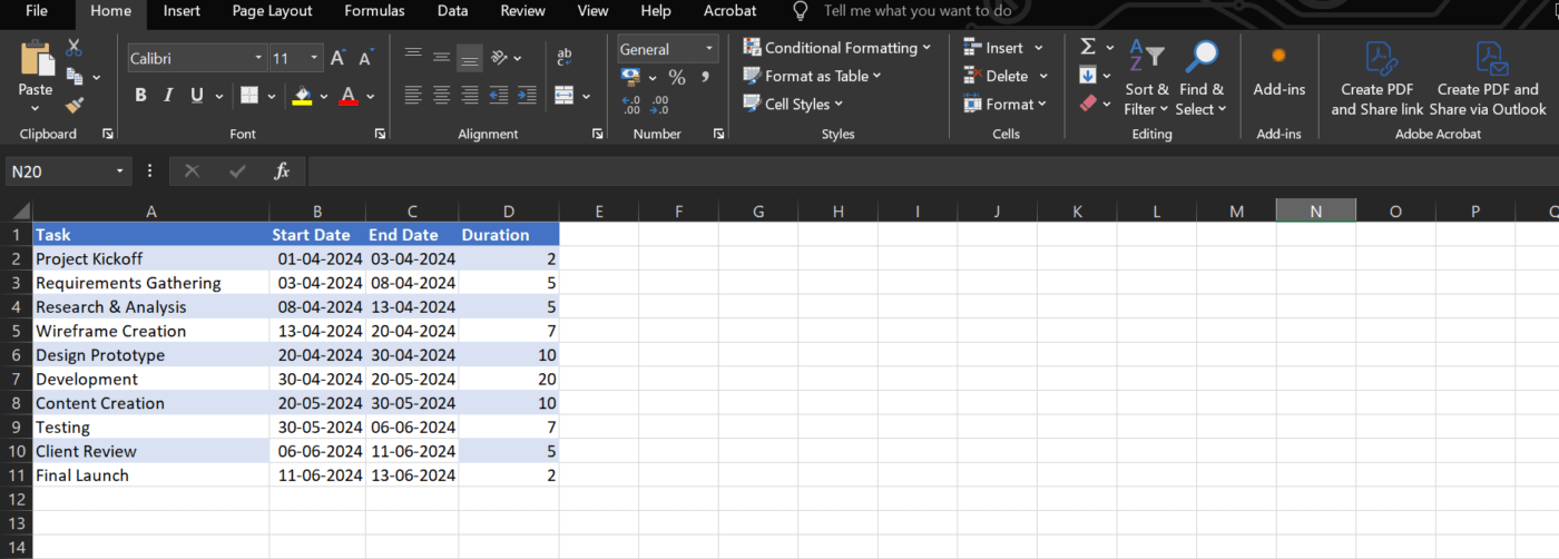 Input your project timelines in Excel