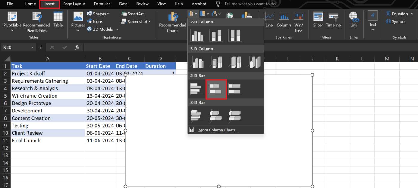 Insert a stacked bar chart in Excel