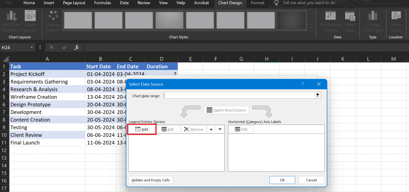 Open the Edit Series window in Excel