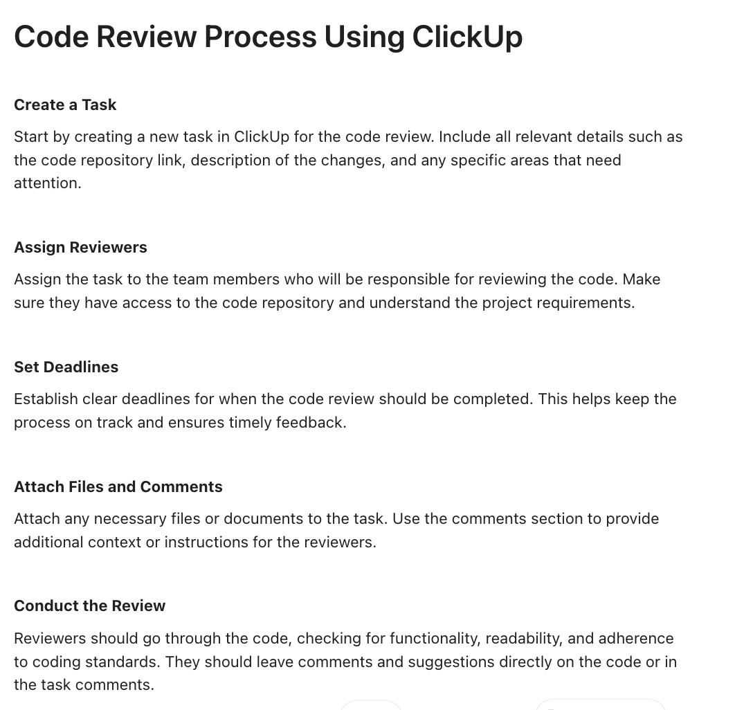 Code review setup process in ClickUp as explained by ClickUp Brain