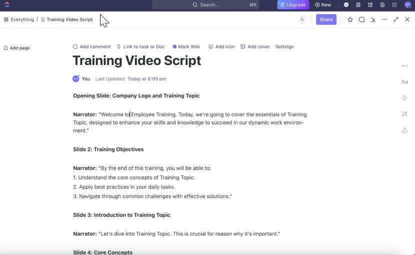 ClickUp Docs: video marketing