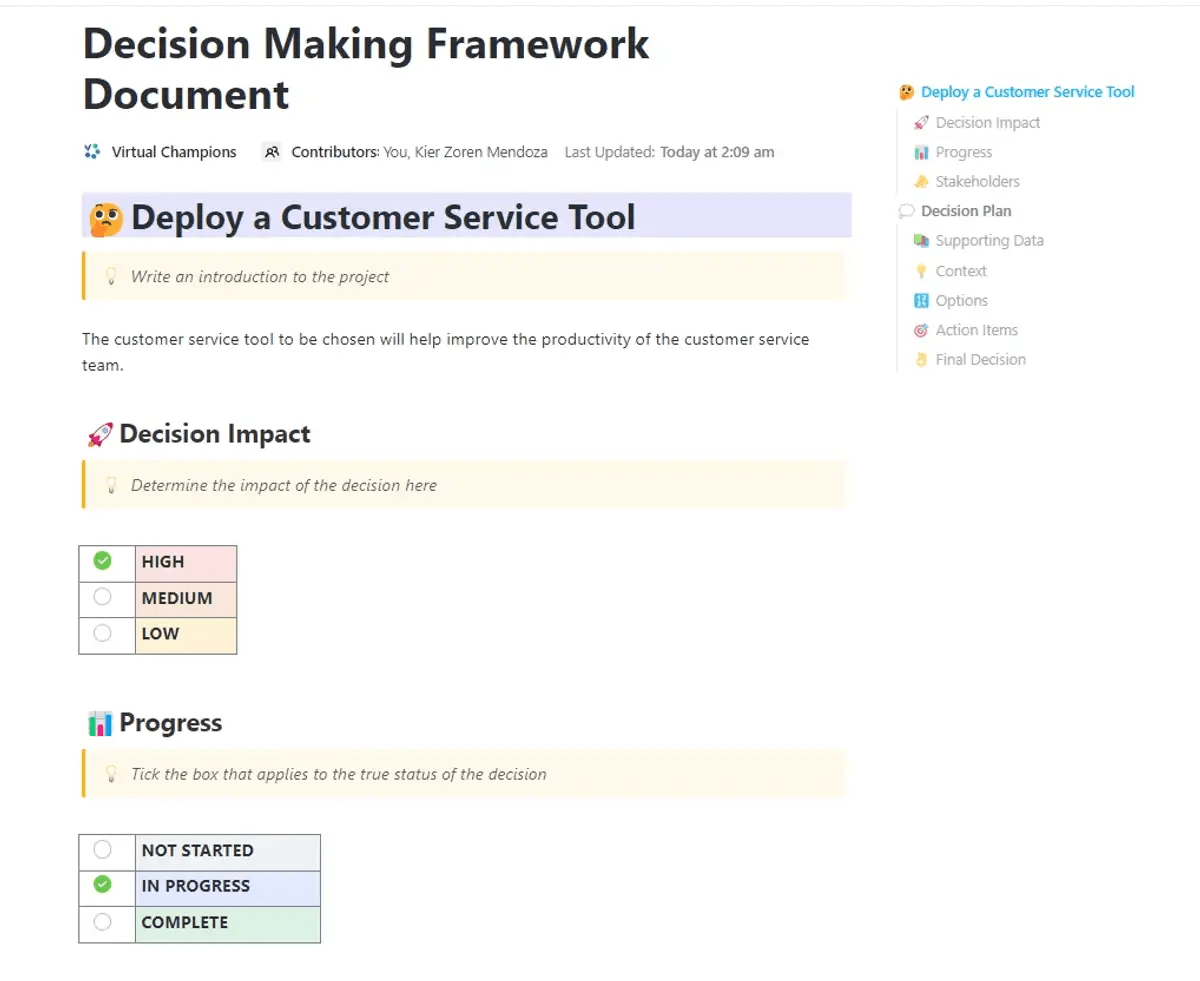 Create a comprehensive guideline of the decision-making process using ClickUp's Decision-Making Framework Document Template 
