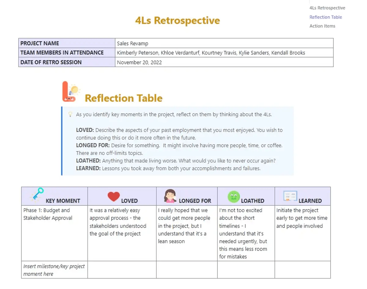 ClickUp 4Ls Retrospective Template