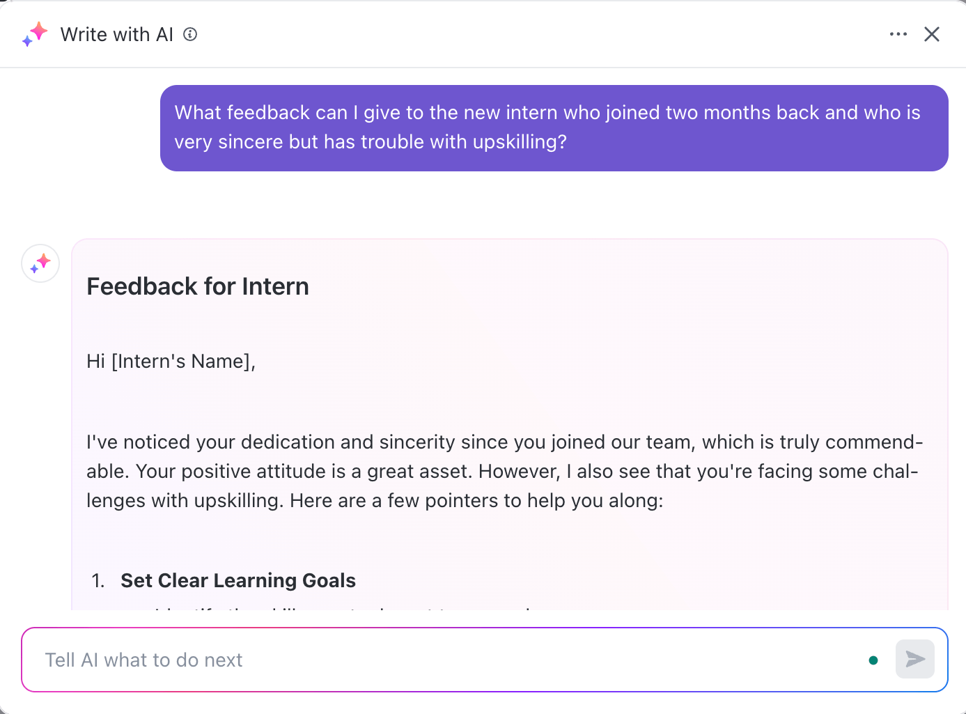 ClickUp Brain giving performance review examples