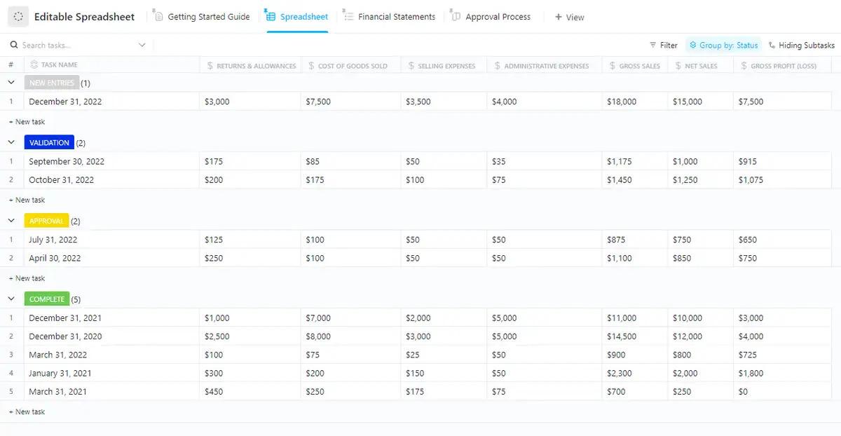 ClickUp's Editable Spreadsheet Template is designed to help you create, manage, and store financial records in an organized way.