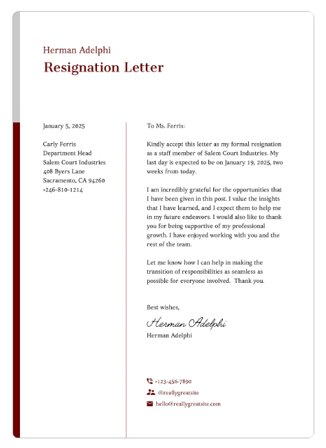 Use Simple Resignation Letter by Canva for drafting your notice