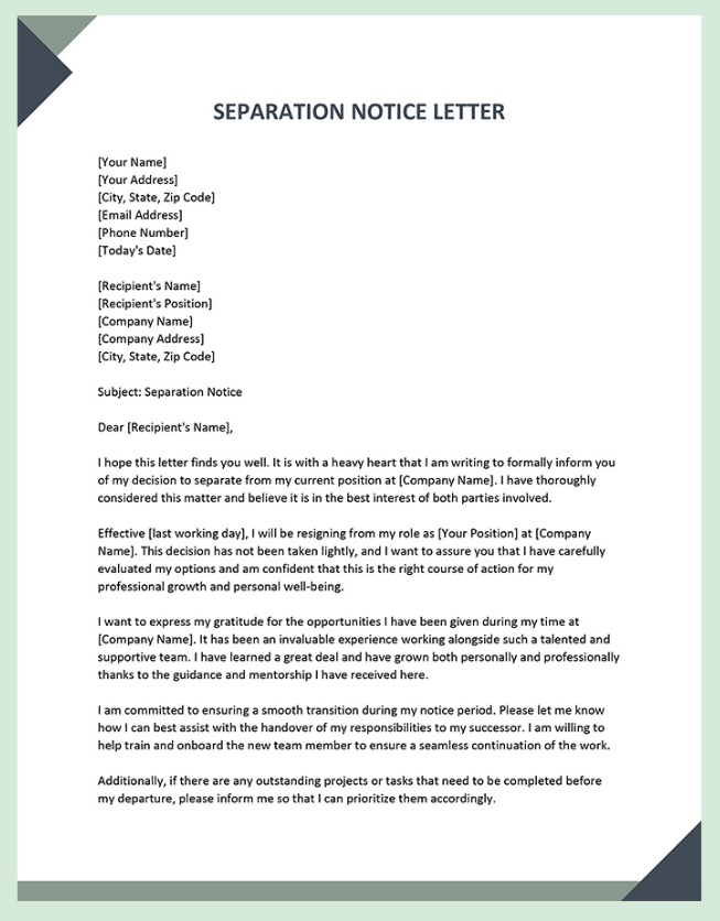 Use Separation Notice Letter by Templates.net for how to write a 2 week notice