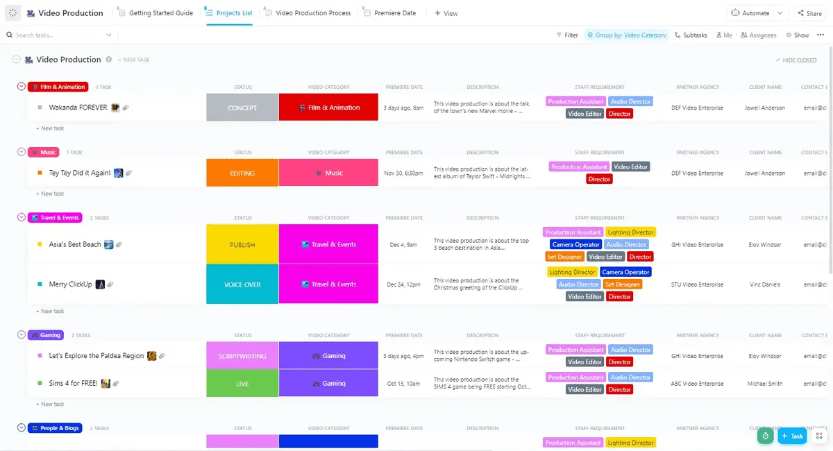 Manage your entire video production workflow with ClickUp's Video Production Template