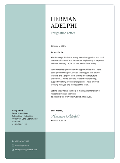 Use Modern Sample Resignation Letter by Canva for your 2 week notice