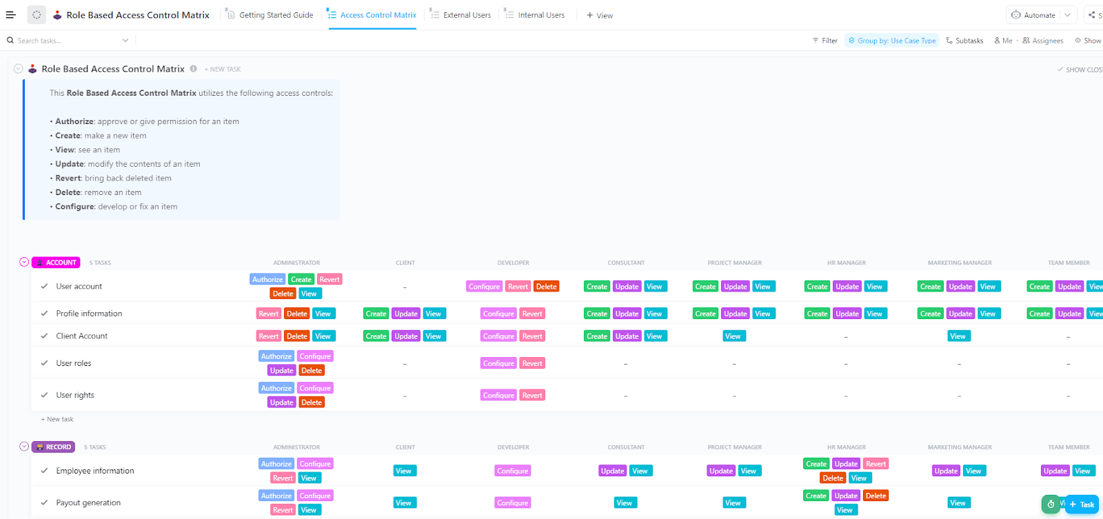 ClickUp Role-Based Access Control Matrix Template raci chart template excel