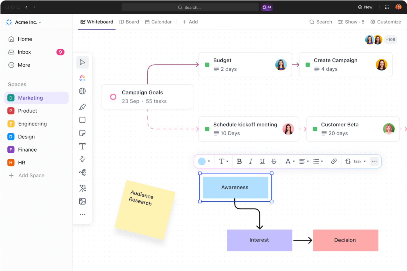 ClickUp Whiteboards: Add digital stickers and different colors to make aesthetic notes