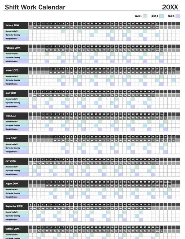 Shift Work Calendar Template