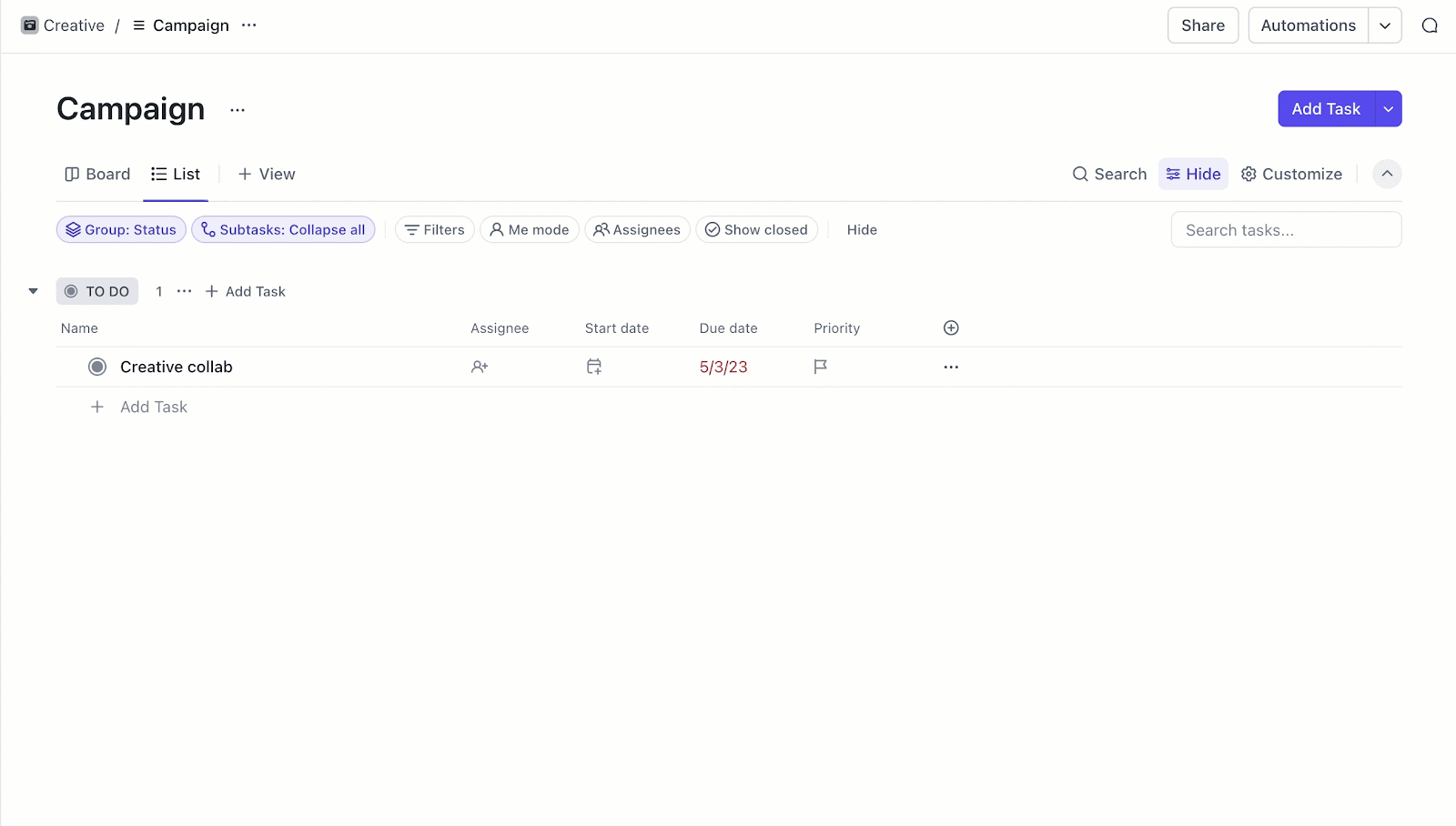 Create a task on ClickUp to organize whatsapp status quotes