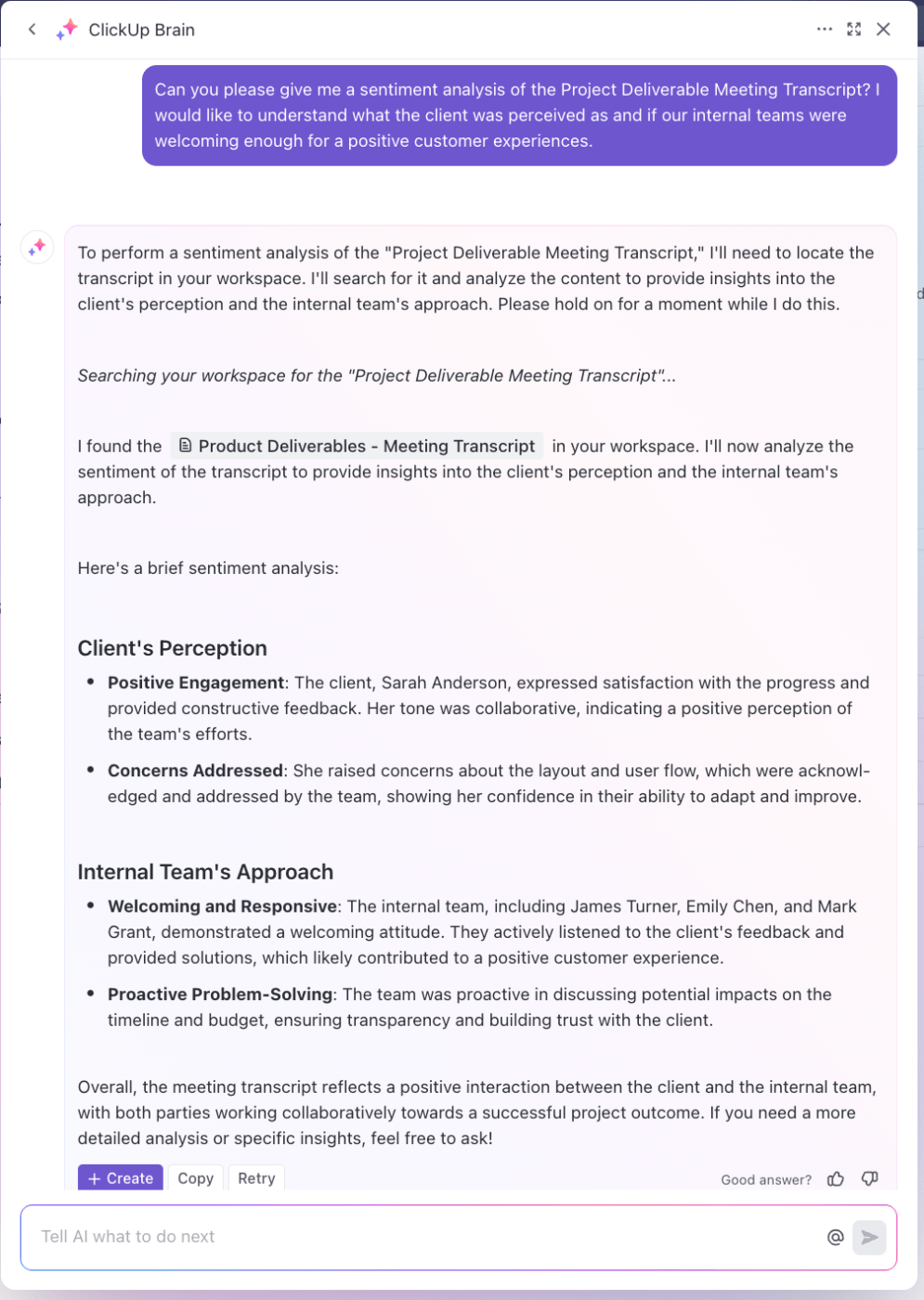 AI for Note Taking: Analyze sentiments, create insights on team relationships, and drive customer experiences with ClickUp Brain