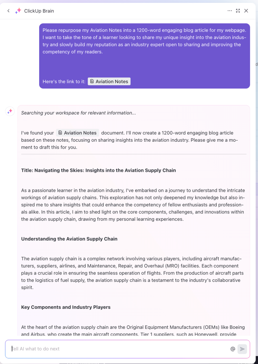 AI for Note Taking: Repurpose your notes into blog articles, video scripts, and even presentations within the infinite canvas of ClickUp Brain