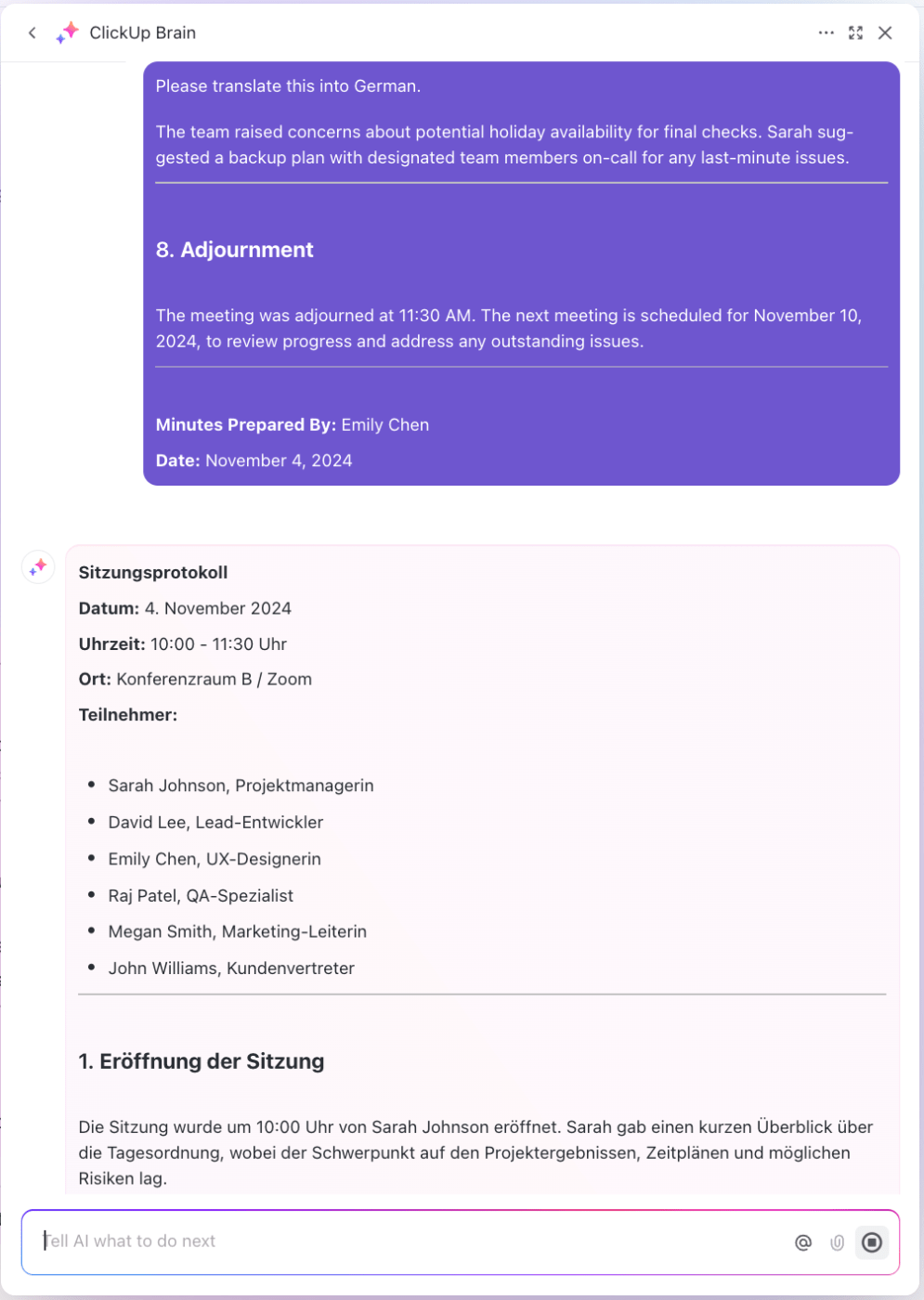 AI for Note Taking: Use AI tools and instantly translate your notes into multiple languages with ClickUp Brain