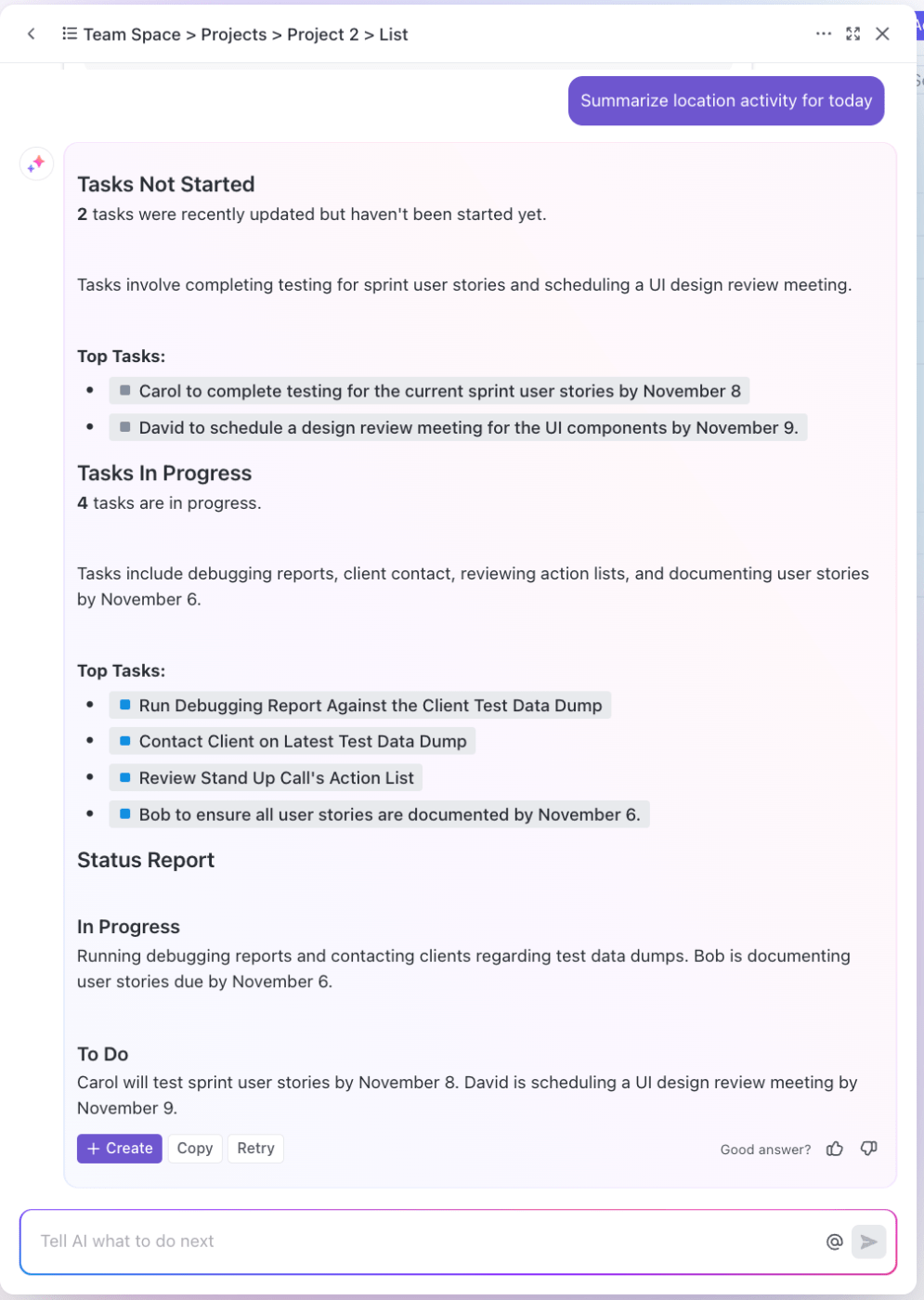 AI for Note Taking: Seamlessly track and manage the tasks and action points from your meeting notes with ClickUp Brain