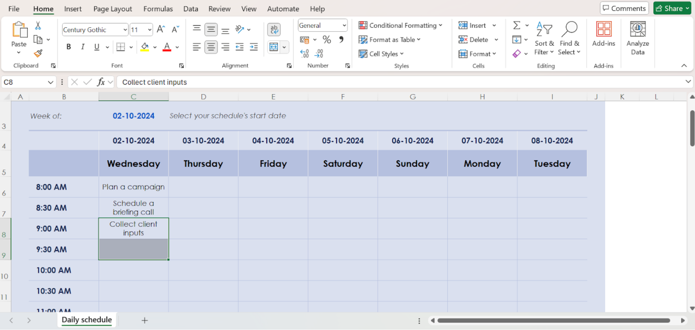 Format details: how to create a schedule in excel