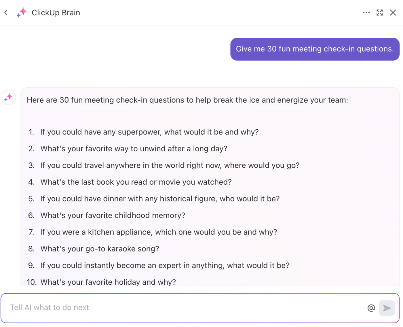 ClickUp Brain: check in question examples
