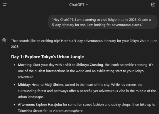Creating a itinerary Prompt