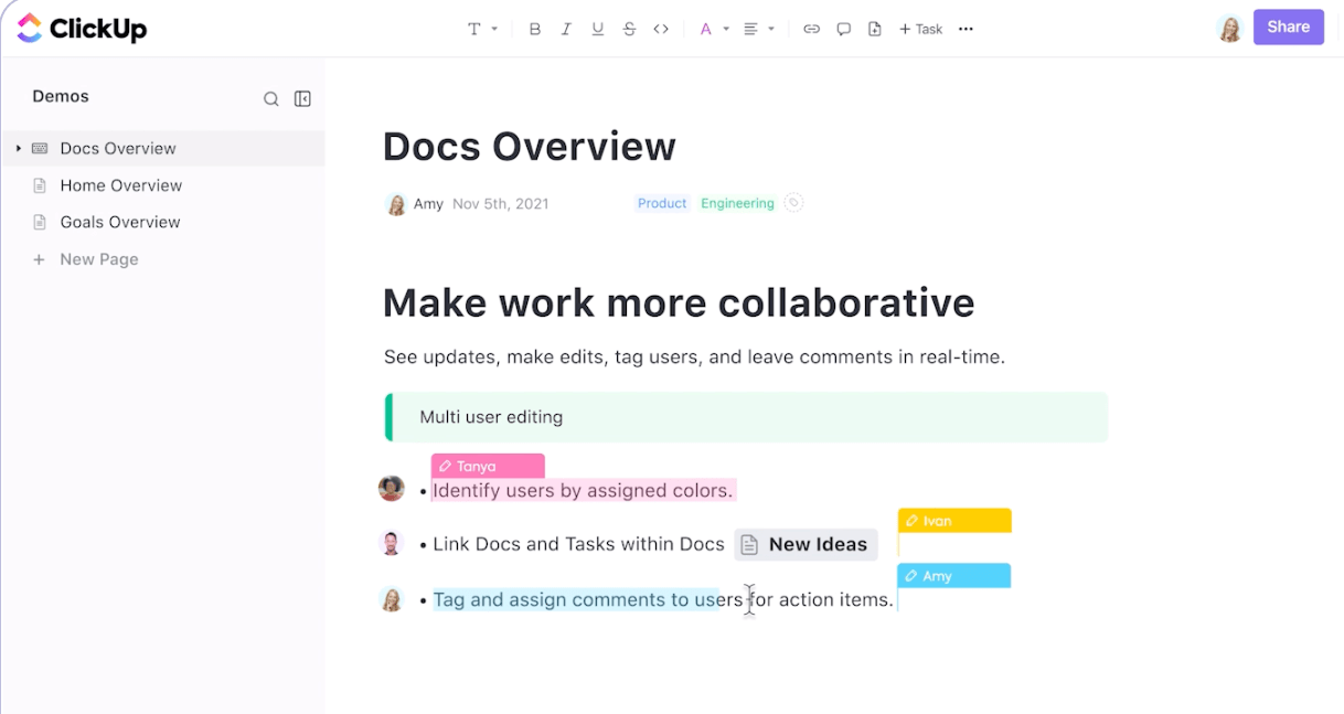 Collaborate efficiently with your colleagues using ClickUp Docs
