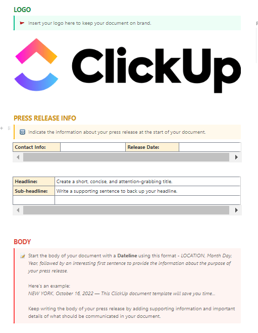 ClickUp Content Writing Template: content brief