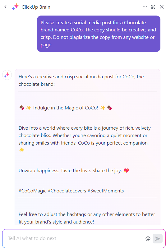 ClickUp Brain copywriting example