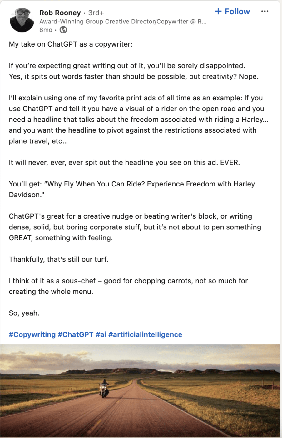 LinkedIn post on How to Use ChatGPT for Copywriting